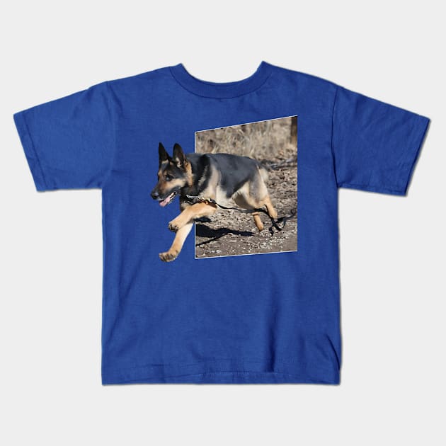 German Shepherd Jump Out Kids T-Shirt by Print Magic Studios